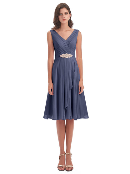 Caylee Knee Length V-neck Asymmetrical Chiffon Bridesmaid Dresses