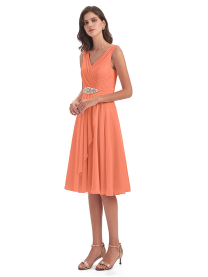 Caylee Knee Length V-neck Asymmetrical Chiffon Bridesmaid Dresses
