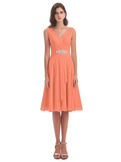 Caylee Knee Length V-neck Asymmetrical Chiffon Bridesmaid Dresses