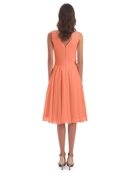 Caylee Knee Length V-neck Asymmetrical Chiffon Bridesmaid Dresses