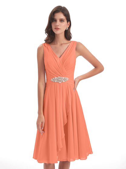Caylee Knee Length V-neck Asymmetrical Chiffon Bridesmaid Dresses