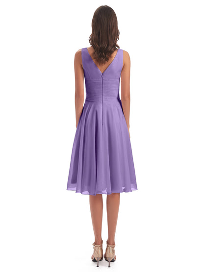 Caylee Knee Length V-neck Asymmetrical Chiffon Bridesmaid Dresses