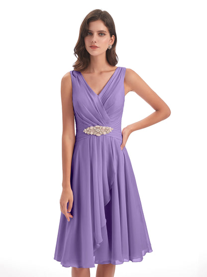 Caylee Knee Length V-neck Asymmetrical Chiffon Bridesmaid Dresses