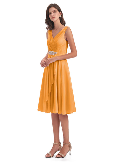 Caylee Knee Length V-neck Asymmetrical Chiffon Bridesmaid Dresses
