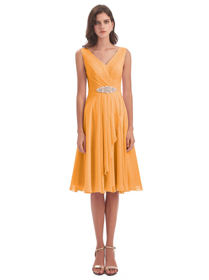 Caylee Knee Length V-neck Asymmetrical Chiffon Bridesmaid Dresses