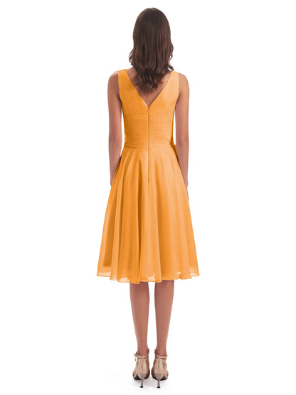 Caylee Knee Length V-neck Asymmetrical Chiffon Bridesmaid Dresses
