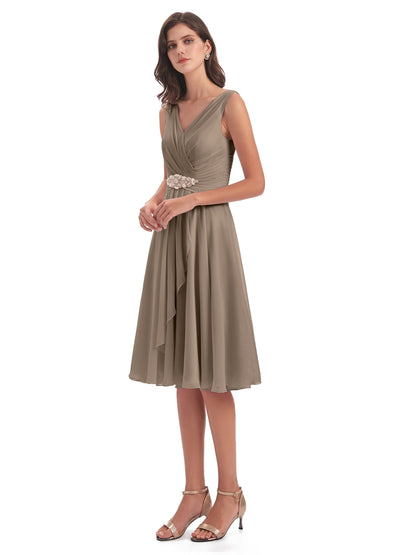 Caylee Knee Length V-neck Asymmetrical Chiffon Bridesmaid Dresses
