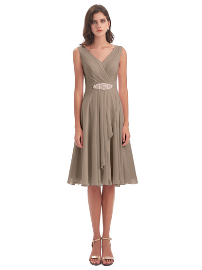 Caylee Knee Length V-neck Asymmetrical Chiffon Bridesmaid Dresses