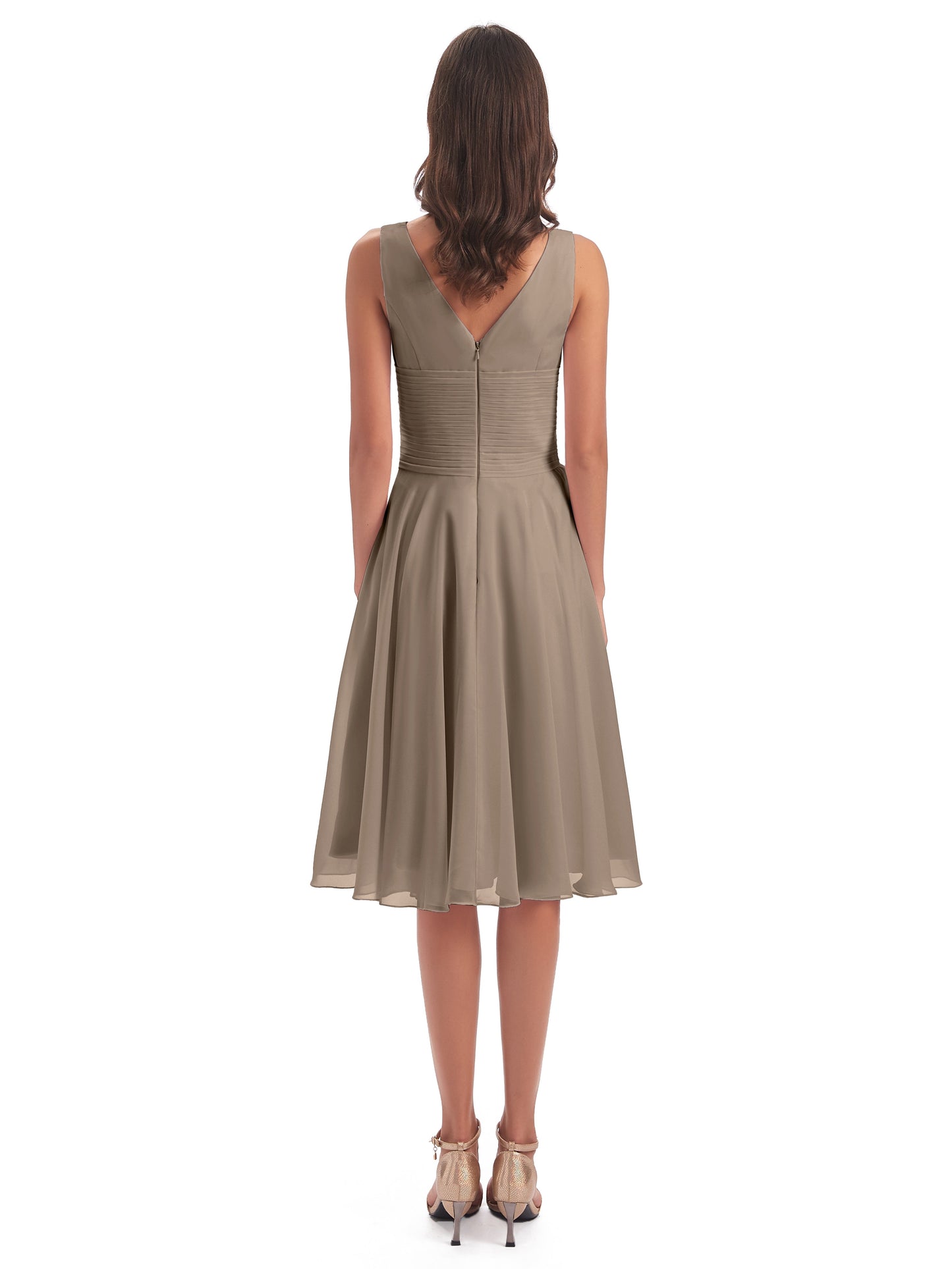 Caylee Knee Length V-neck Asymmetrical Chiffon Bridesmaid Dresses