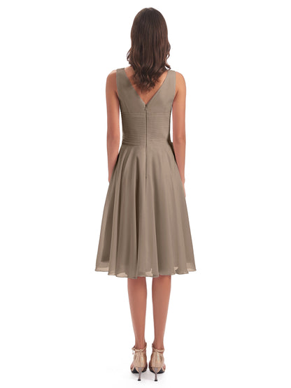 Caylee Knee Length V-neck Asymmetrical Chiffon Bridesmaid Dresses
