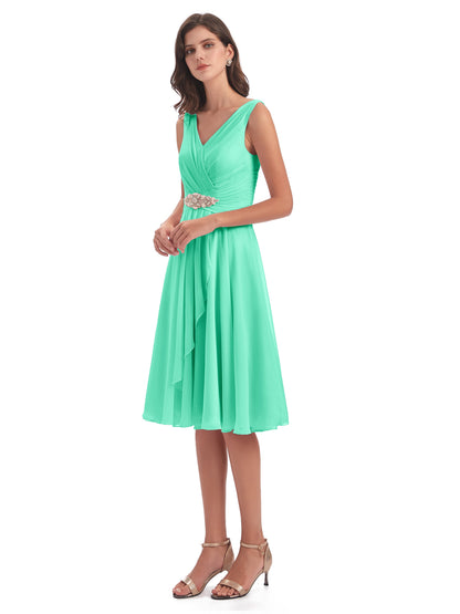 Caylee Knee Length V-neck Asymmetrical Chiffon Bridesmaid Dresses