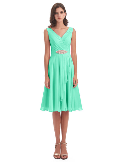 Caylee Knee Length V-neck Asymmetrical Chiffon Bridesmaid Dresses