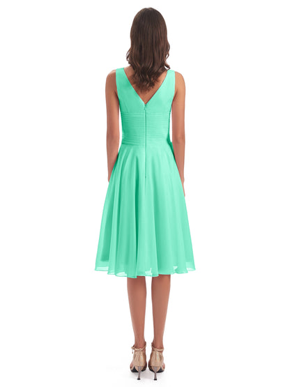 Caylee Knee Length V-neck Asymmetrical Chiffon Bridesmaid Dresses