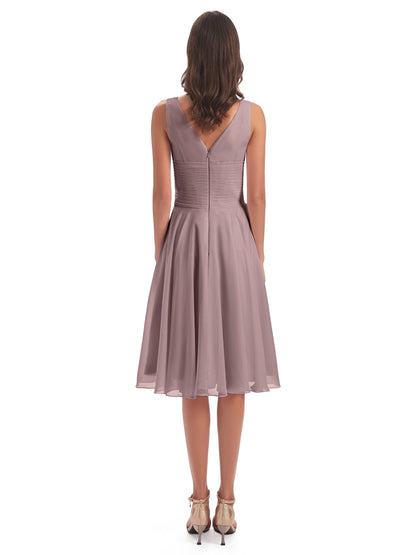 Caylee Knee Length V-neck Asymmetrical Chiffon Bridesmaid Dresses