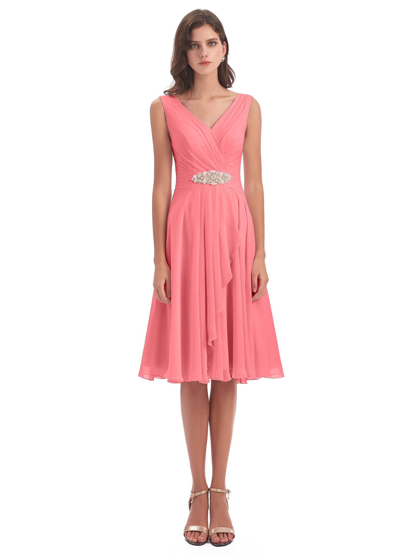 Caylee Knee Length V-neck Asymmetrical Chiffon Bridesmaid Dresses