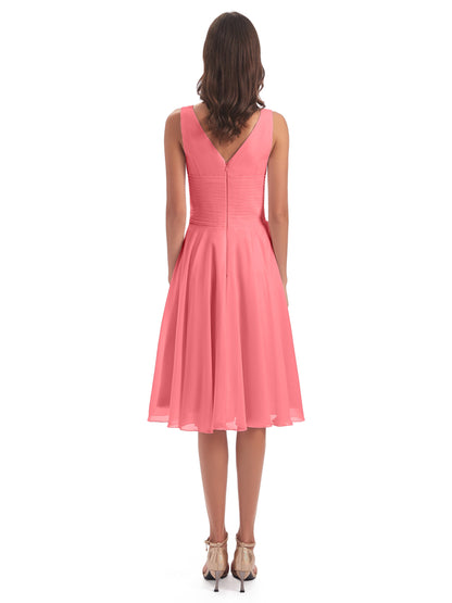 Caylee Knee Length V-neck Asymmetrical Chiffon Bridesmaid Dresses