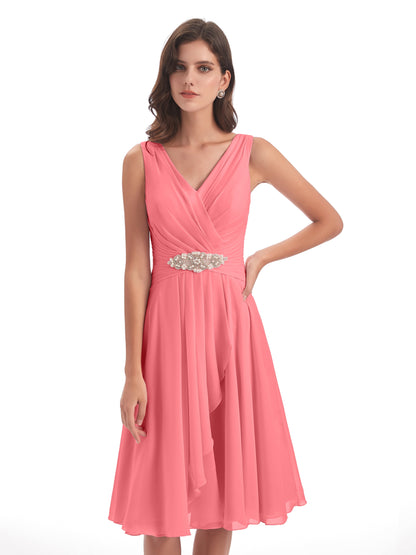 Caylee Knee Length V-neck Asymmetrical Chiffon Bridesmaid Dresses