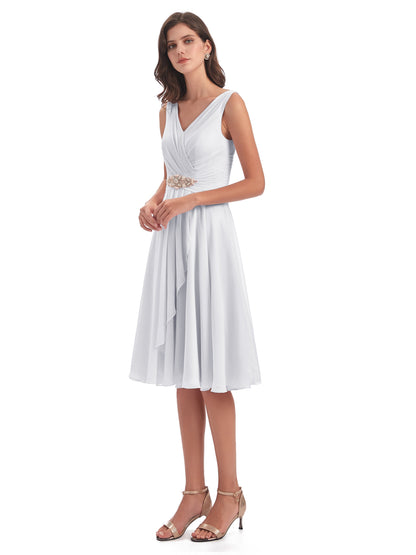 Caylee Knee Length V-neck Asymmetrical Chiffon Bridesmaid Dresses
