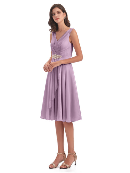 Caylee Knee Length V-neck Asymmetrical Chiffon Bridesmaid Dresses