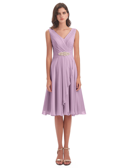 Caylee Knee Length V-neck Asymmetrical Chiffon Bridesmaid Dresses