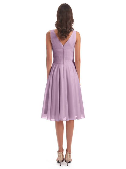 Caylee Knee Length V-neck Asymmetrical Chiffon Bridesmaid Dresses