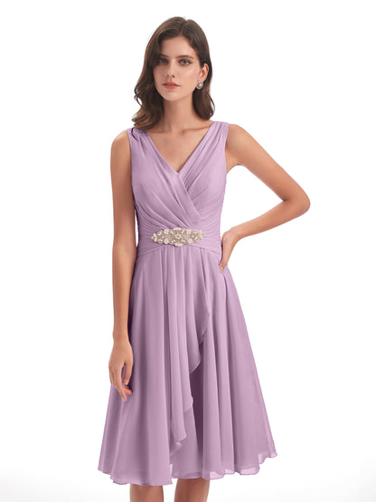 Caylee Knee Length V-neck Asymmetrical Chiffon Bridesmaid Dresses