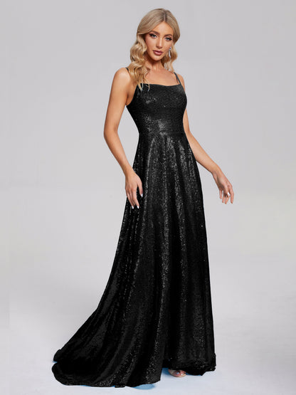 Lyric Spaghetti Straps Square Neck Sequins Bridesmaid Dress