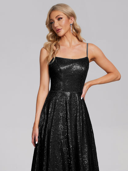 Lyric Spaghetti Straps Square Neck Sequins Bridesmaid Dress