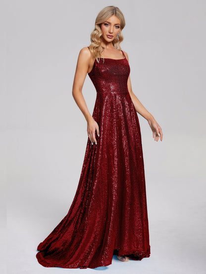 Lyric Spaghetti Straps Square Neck Sequins Bridesmaid Dress