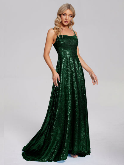 Lyric Spaghetti Straps Square Neck Sequins Bridesmaid Dress