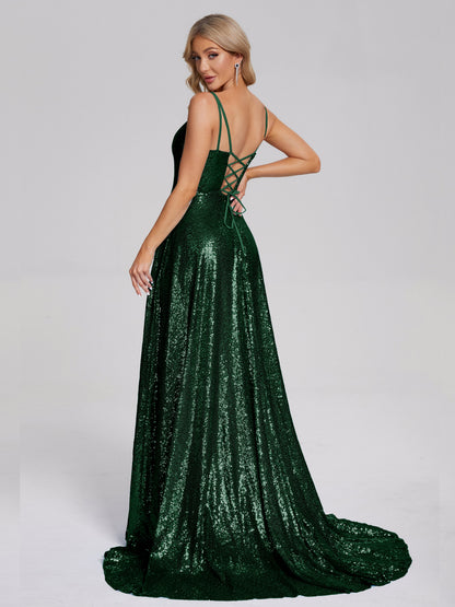 Lyric Spaghetti Straps Square Neck Sequins Bridesmaid Dress