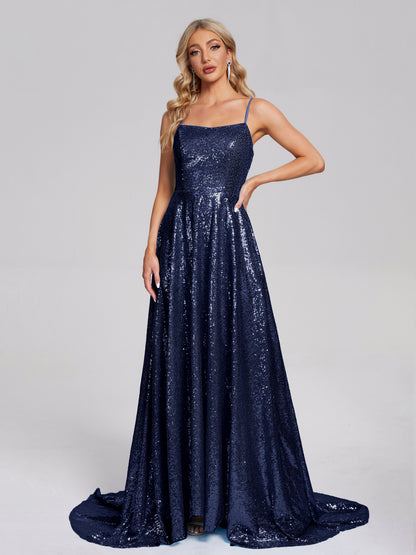 Lyric Spaghetti Straps Square Neck Sequins Bridesmaid Dress