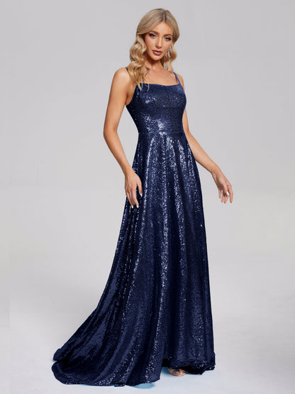 Lyric Spaghetti Straps Square Neck Sequins Bridesmaid Dress