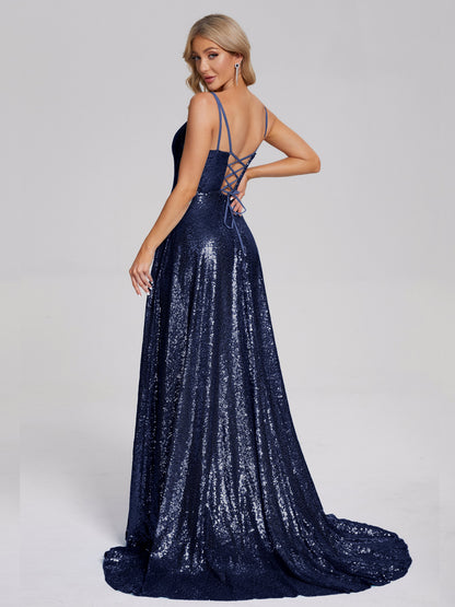 Lyric Spaghetti Straps Square Neck Sequins Bridesmaid Dress