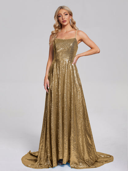 Lyric Spaghetti Straps Square Neck Sequins Bridesmaid Dress
