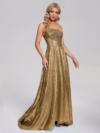 Lyric Spaghetti Straps Square Neck Sequins Bridesmaid Dress
