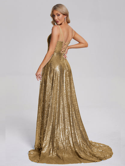 Lyric Spaghetti Straps Square Neck Sequins Bridesmaid Dress