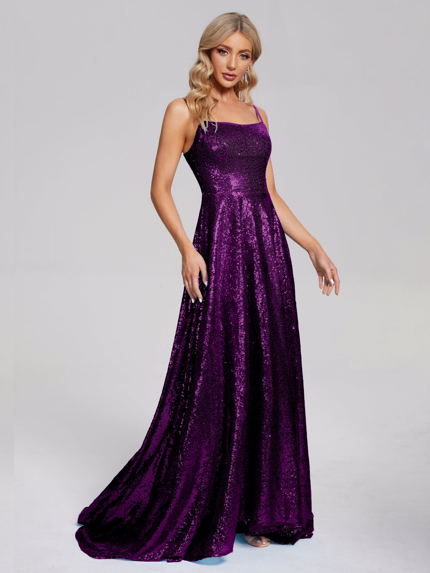 Lyric Spaghetti Straps Square Neck Sequins Bridesmaid Dress