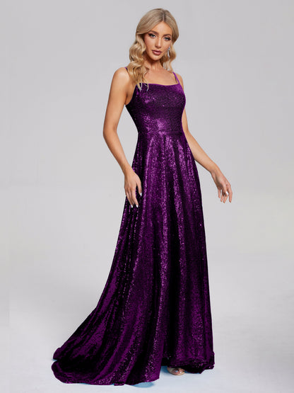 Lyric Spaghetti Straps Square Neck Sequins Bridesmaid Dress
