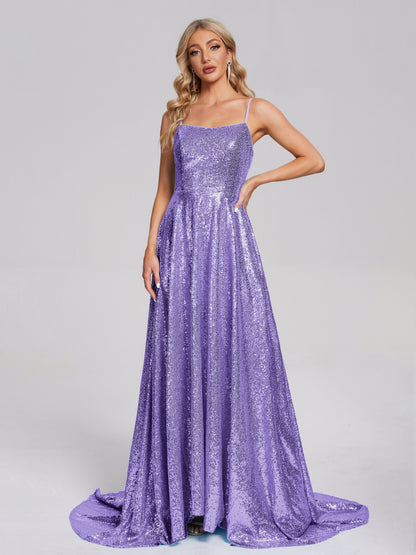 Lyric Spaghetti Straps Square Neck Sequins Bridesmaid Dress