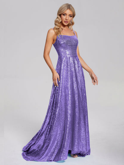 Lyric Spaghetti Straps Square Neck Sequins Bridesmaid Dress