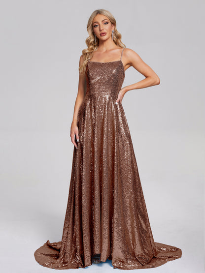 Lyric Spaghetti Straps Square Neck Sequins Bridesmaid Dress