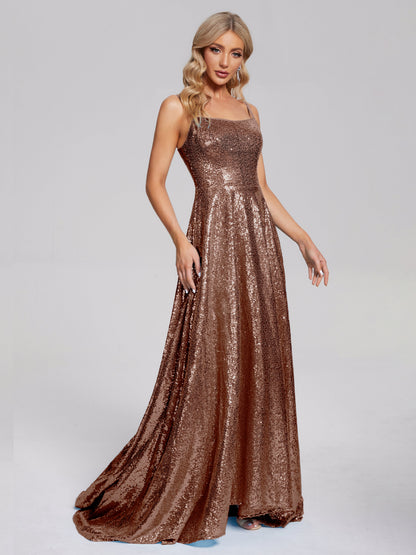 Lyric Spaghetti Straps Square Neck Sequins Bridesmaid Dress