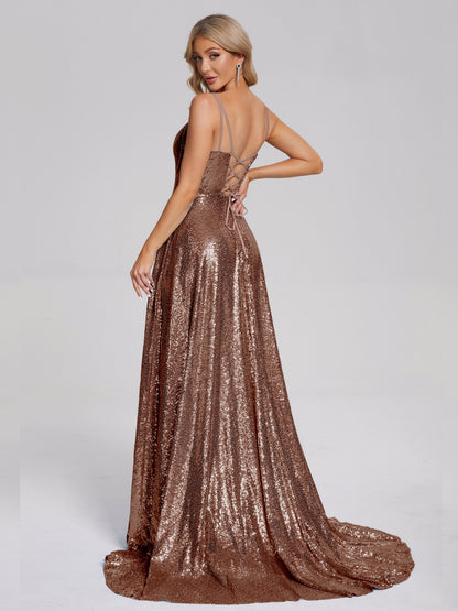 Lyric Spaghetti Straps Square Neck Sequins Bridesmaid Dress