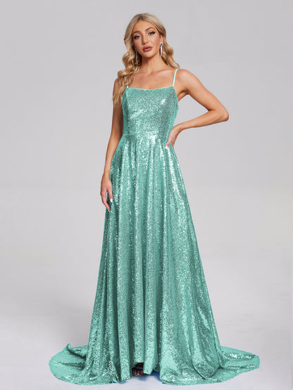 Lyric Spaghetti Straps Square Neck Sequins Bridesmaid Dress