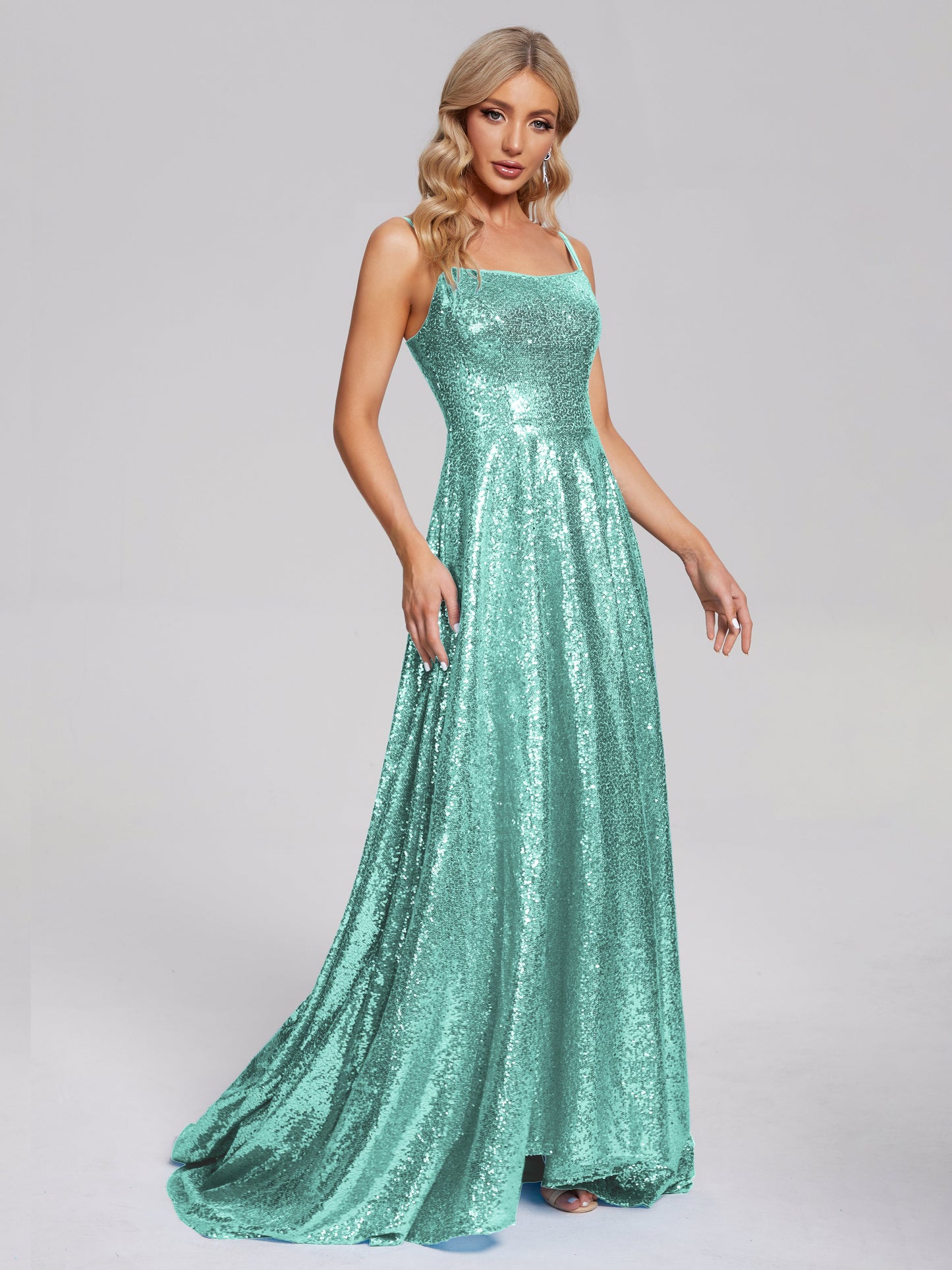 Lyric Spaghetti Straps Square Neck Sequins Bridesmaid Dress