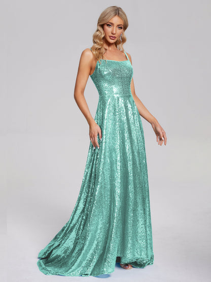 Lyric Spaghetti Straps Square Neck Sequins Bridesmaid Dress
