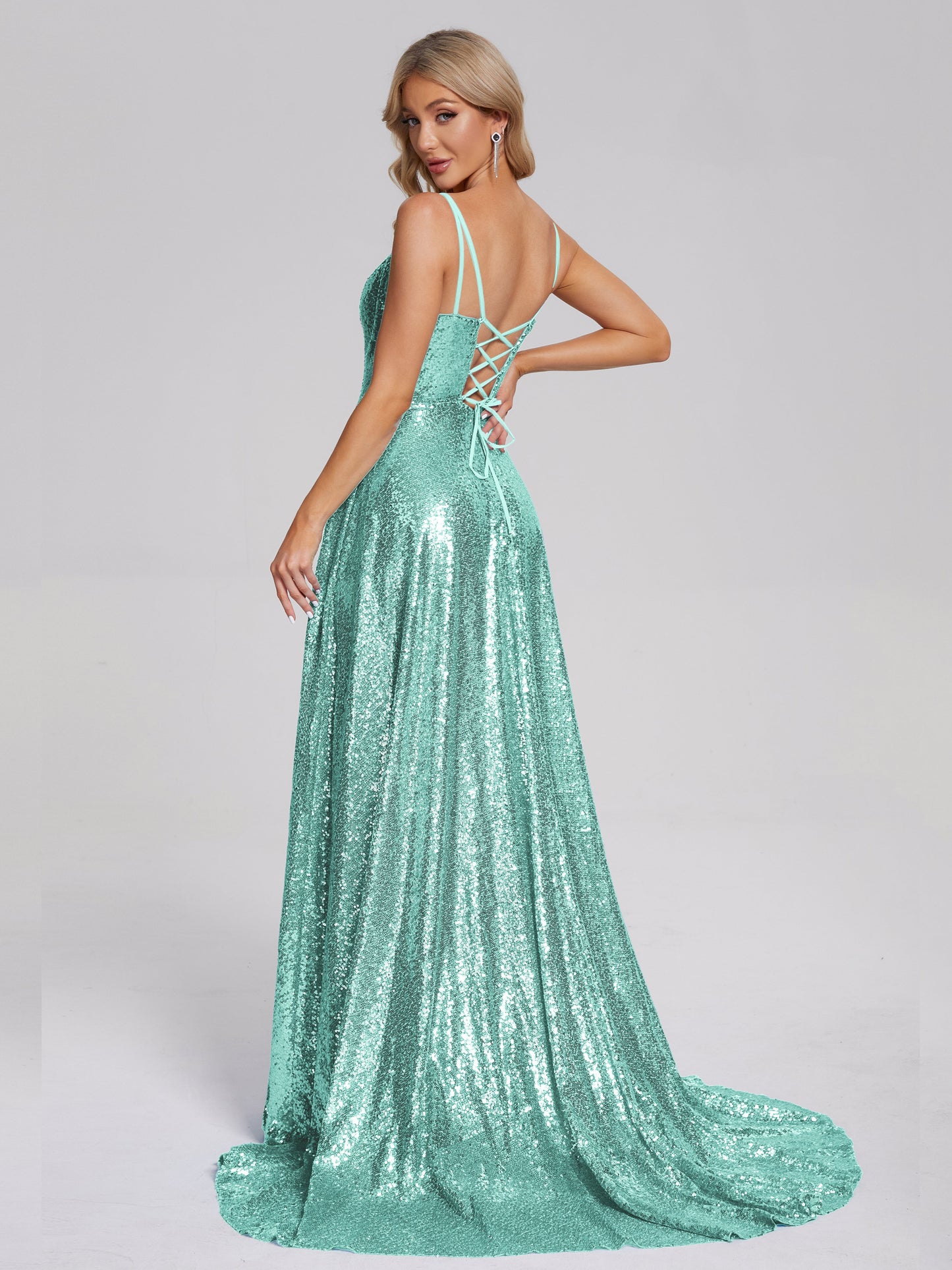 Lyric Spaghetti Straps Square Neck Sequins Bridesmaid Dress