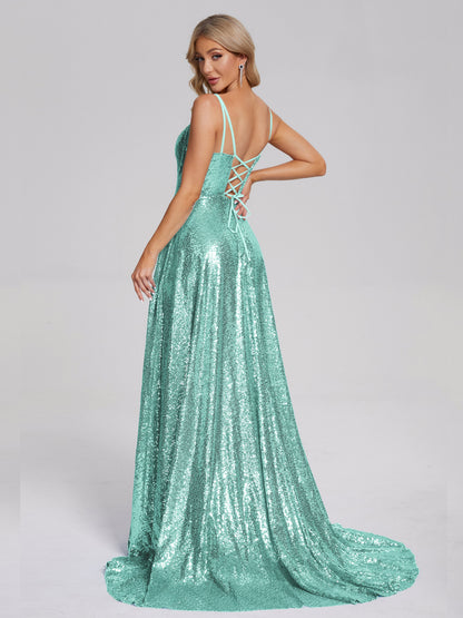 Lyric Spaghetti Straps Square Neck Sequins Bridesmaid Dress
