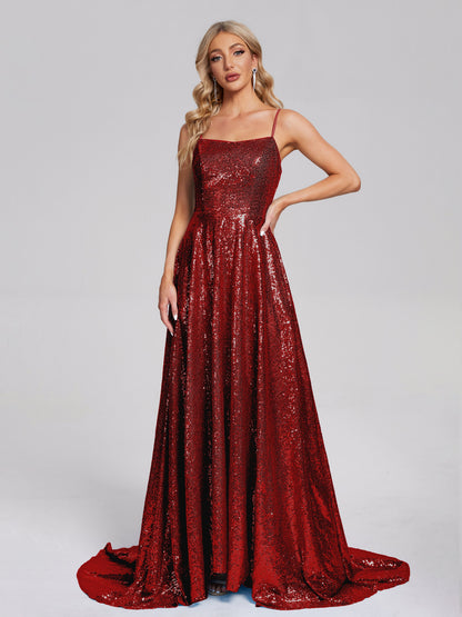 Lyric Spaghetti Straps Square Neck Sequins Bridesmaid Dress